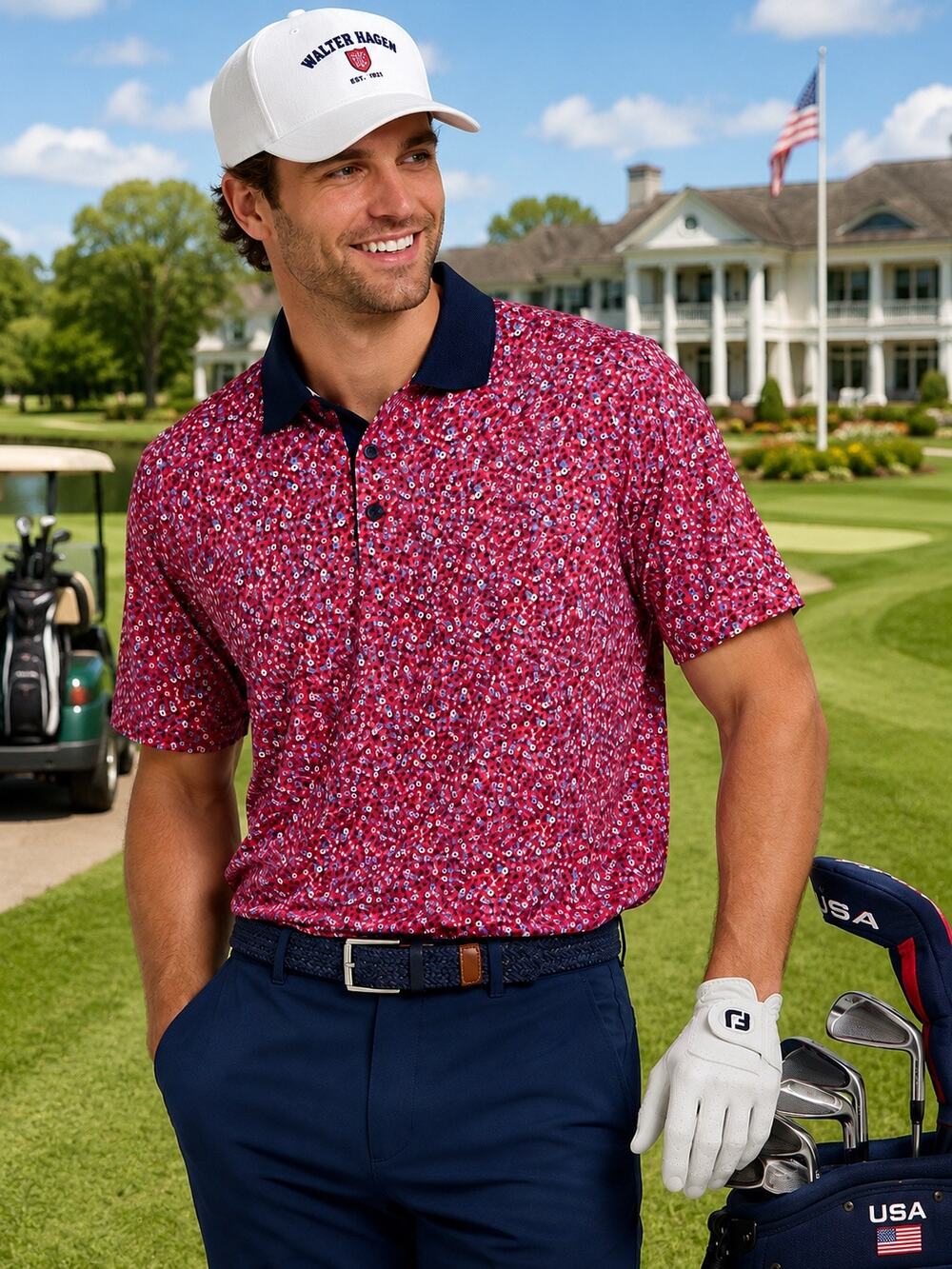 Walter Hagen Men's P11 USA Liberty Ditsy Golf Polo in Red Multi, size L, NWT !